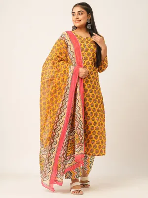 ZOLA Round Neck Cotton All over Floral Block Print Yellow Kurta Set With Dupatta For Women