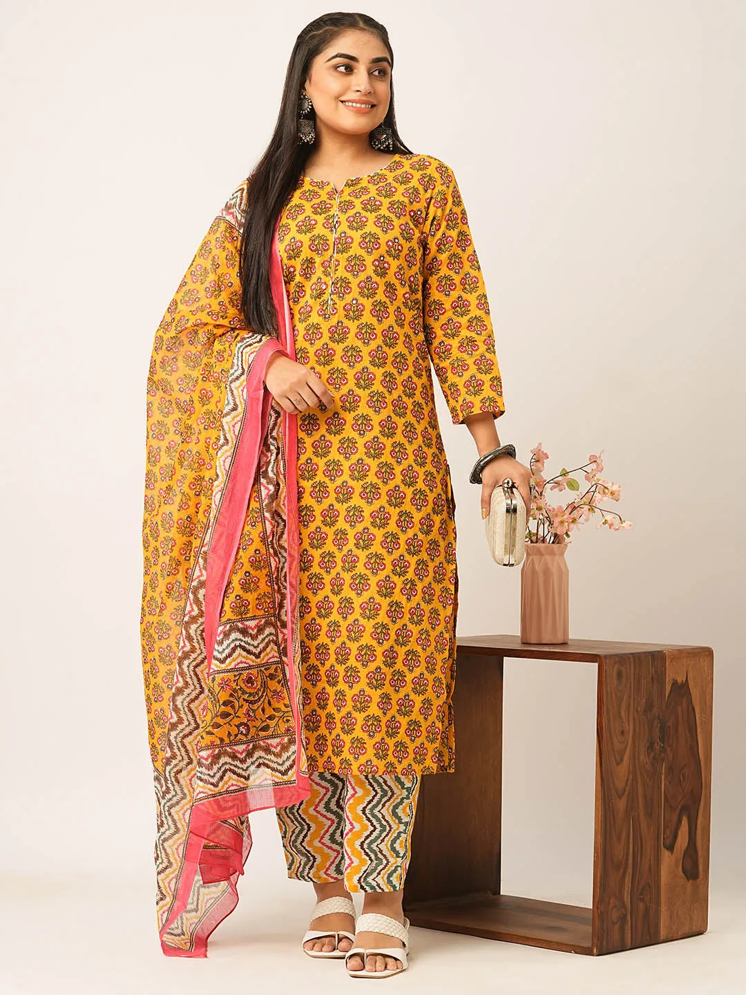 ZOLA Round Neck Cotton All over Floral Block Print Yellow Kurta Set With Dupatta For Women