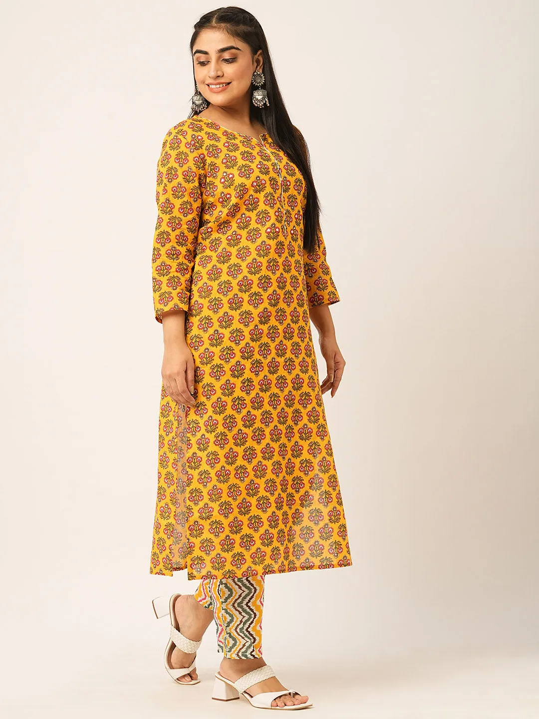 ZOLA Round Neck Cotton All over Floral Block Print Yellow Kurta Set With Dupatta For Women
