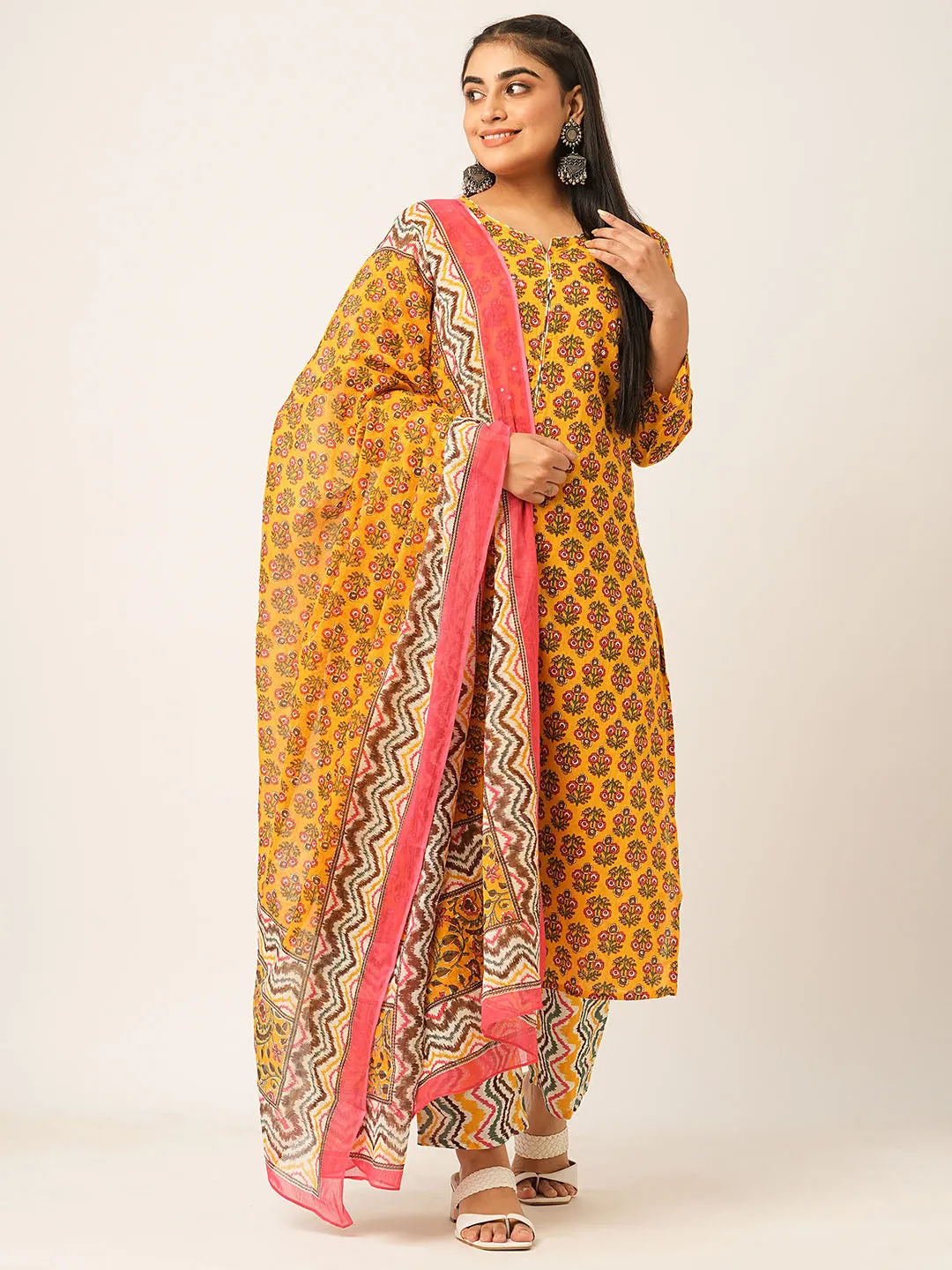 ZOLA Round Neck Cotton All over Floral Block Print Yellow Kurta Set With Dupatta For Women