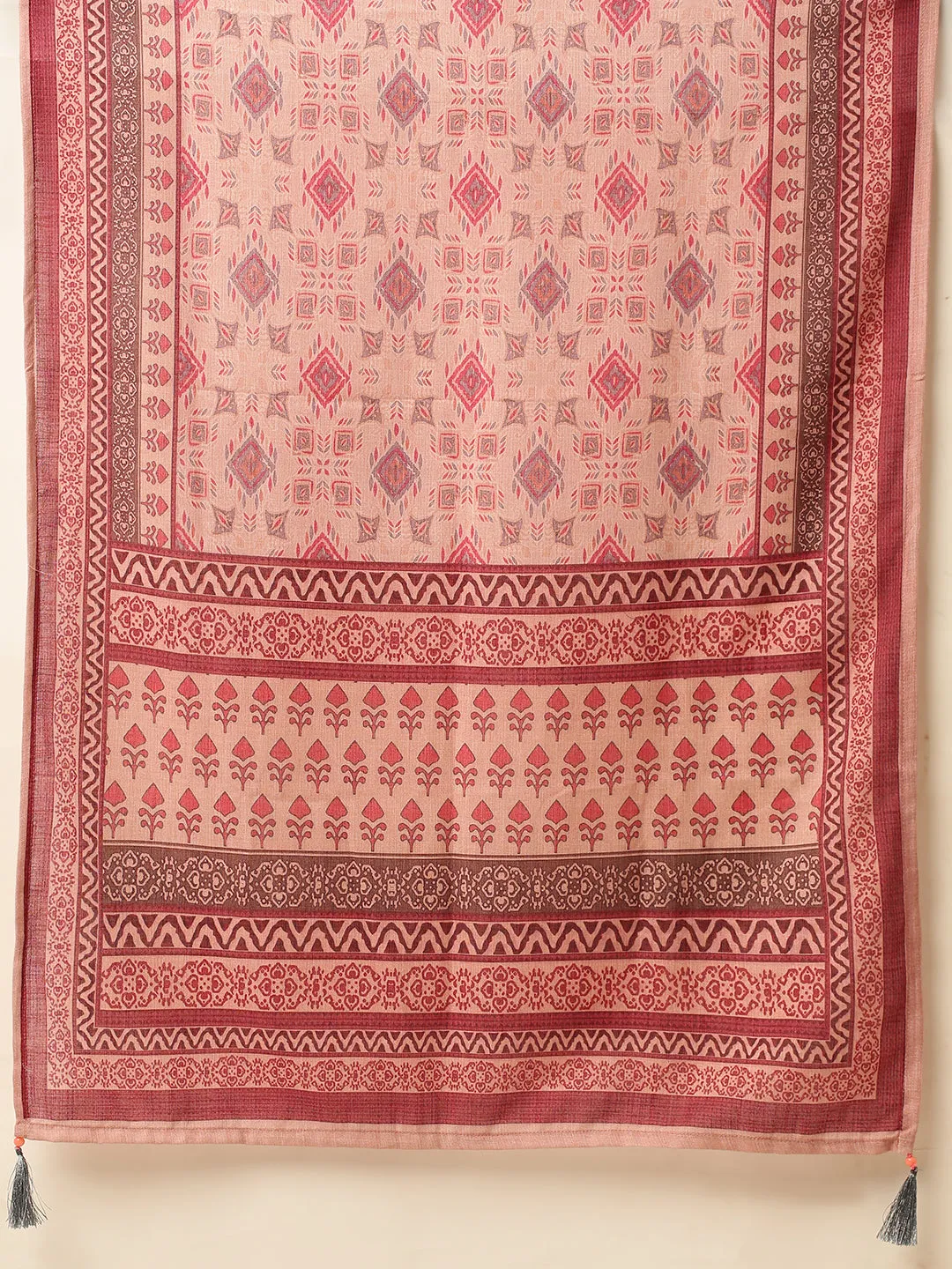 ZOLA Round Neck Linen All Over Ethnic Print LightPink Straight Kurta Set with Dupatta For Women
