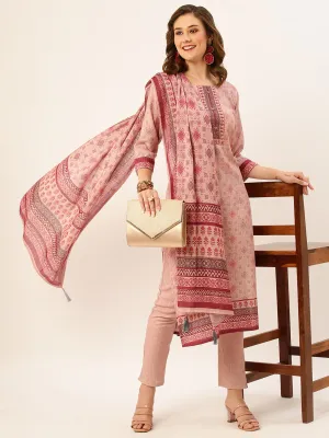 ZOLA Round Neck Linen All Over Ethnic Print LightPink Straight Kurta Set with Dupatta For Women