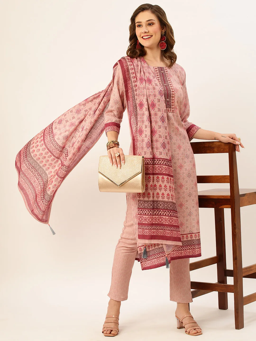 ZOLA Round Neck Linen All Over Ethnic Print LightPink Straight Kurta Set with Dupatta For Women