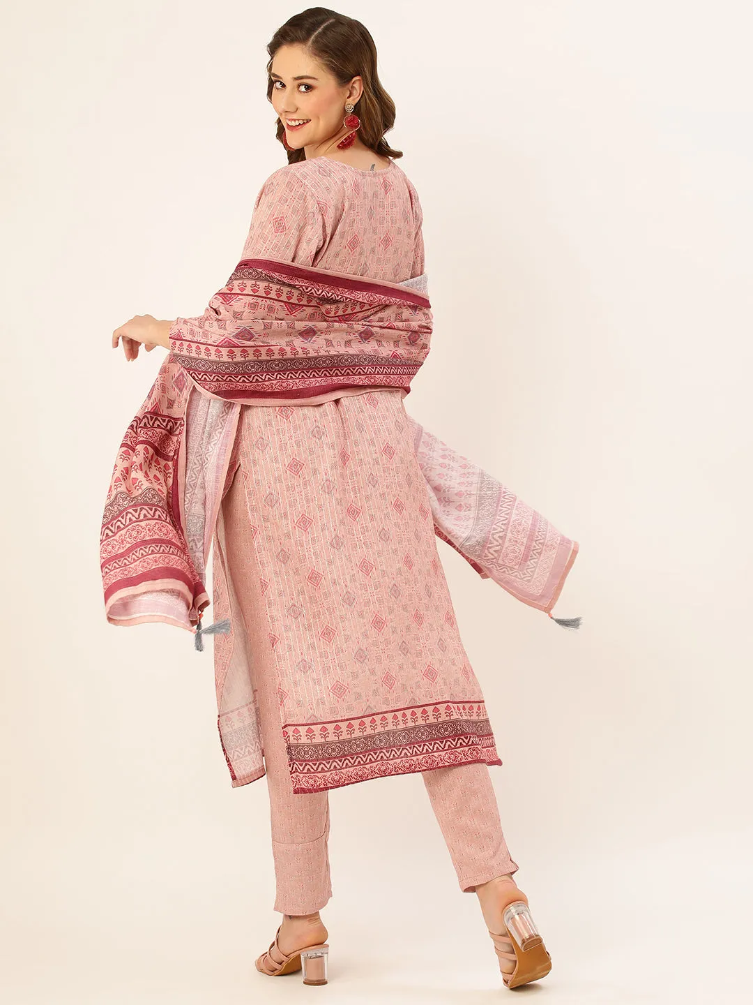 ZOLA Round Neck Linen All Over Ethnic Print LightPink Straight Kurta Set with Dupatta For Women