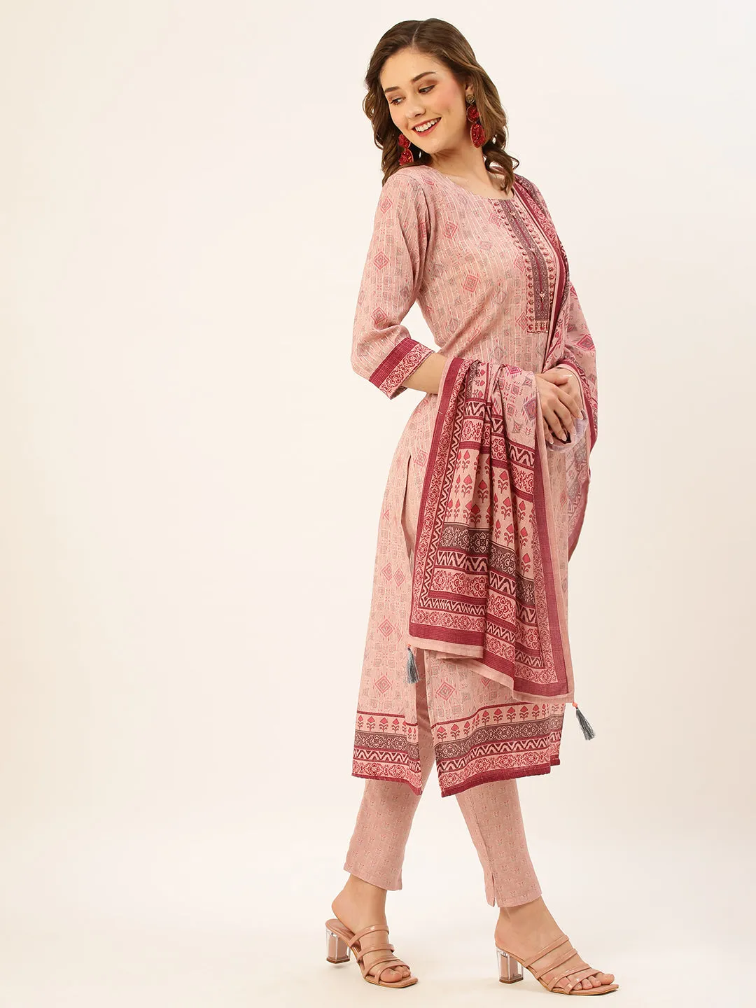 ZOLA Round Neck Linen All Over Ethnic Print LightPink Straight Kurta Set with Dupatta For Women