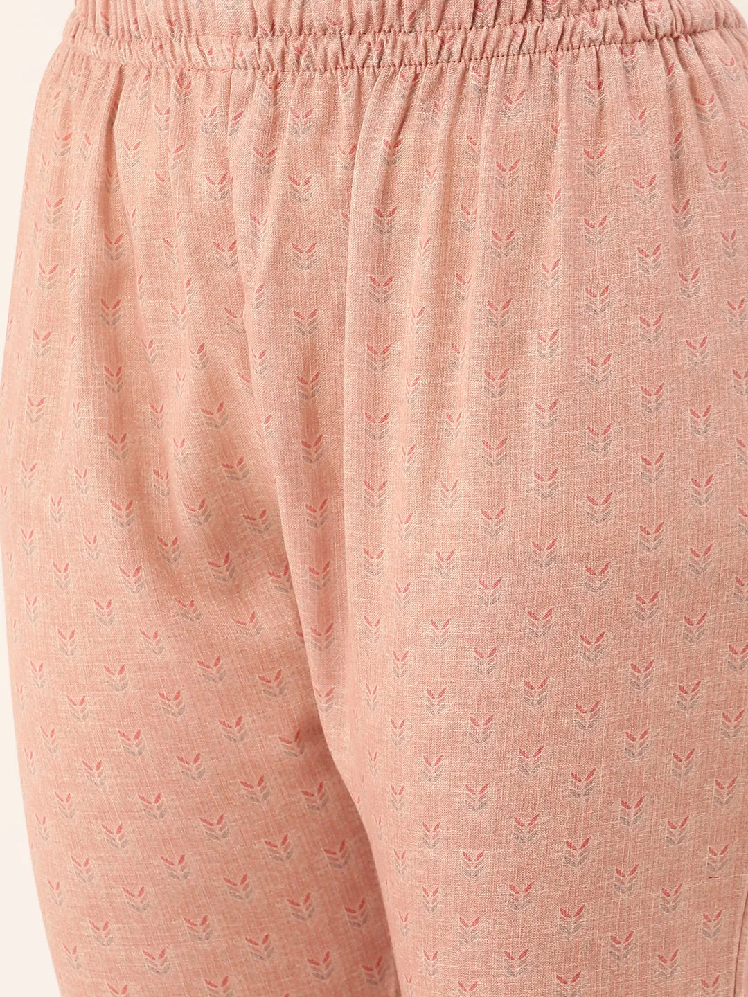 ZOLA Round Neck Linen All Over Ethnic Print LightPink Straight Kurta Set with Dupatta For Women