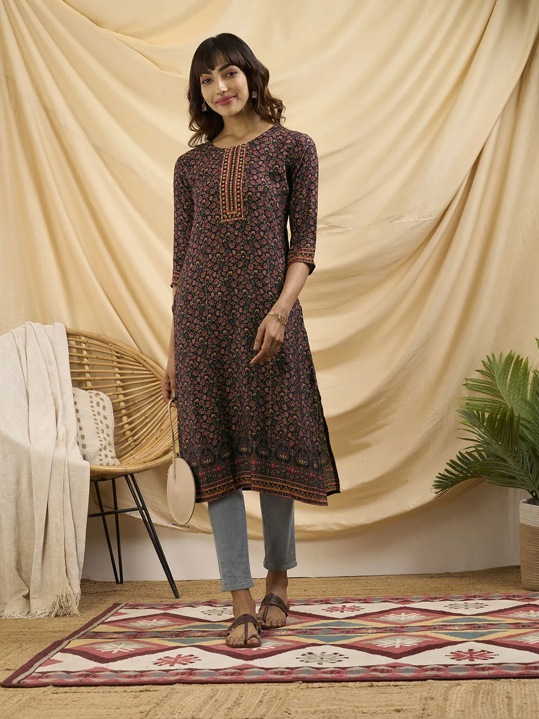 ZOLA Round Neck Muslin All Over Kalamkari Print 3/4th Sleeves Purple Straight Kurta For Women