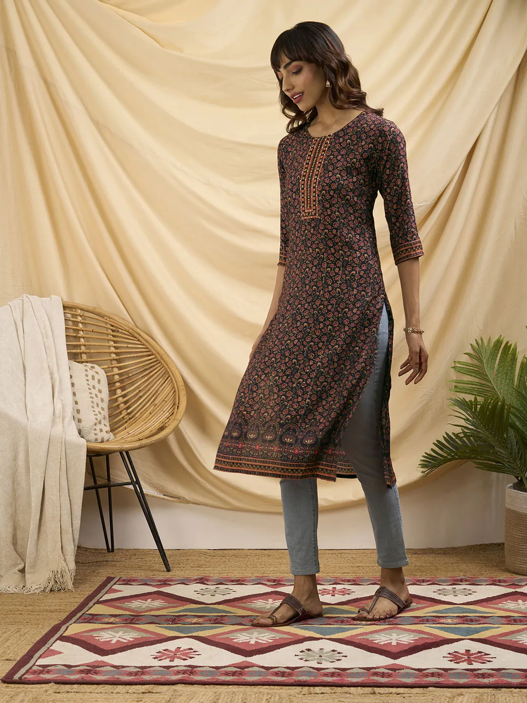 ZOLA Round Neck Muslin All Over Kalamkari Print 3/4th Sleeves Purple Straight Kurta For Women