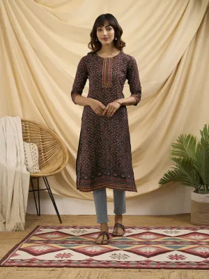 ZOLA Round Neck Muslin All Over Kalamkari Print 3/4th Sleeves Purple Straight Kurta For Women