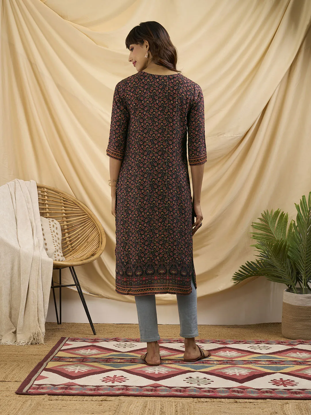 ZOLA Round Neck Muslin All Over Kalamkari Print 3/4th Sleeves Purple Straight Kurta For Women