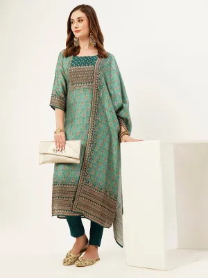 ZOLA Round Neck Silk All Over Floral Print Teal Straight Kurta Set With Dupatta For Women