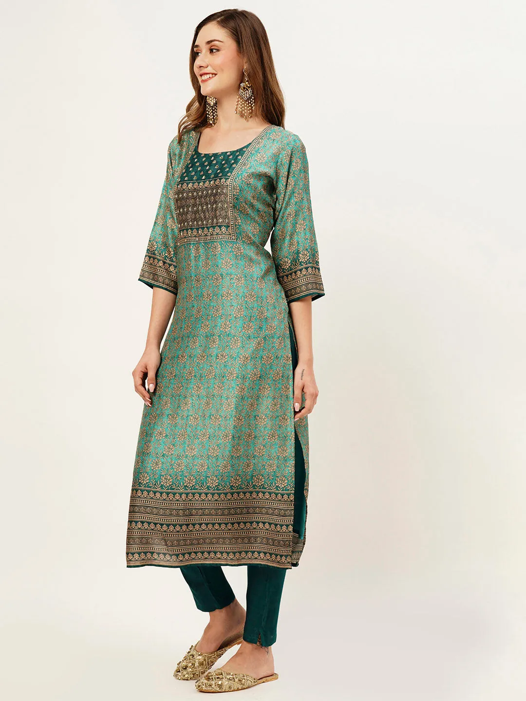 ZOLA Round Neck Silk All Over Floral Print Teal Straight Kurta Set With Dupatta For Women