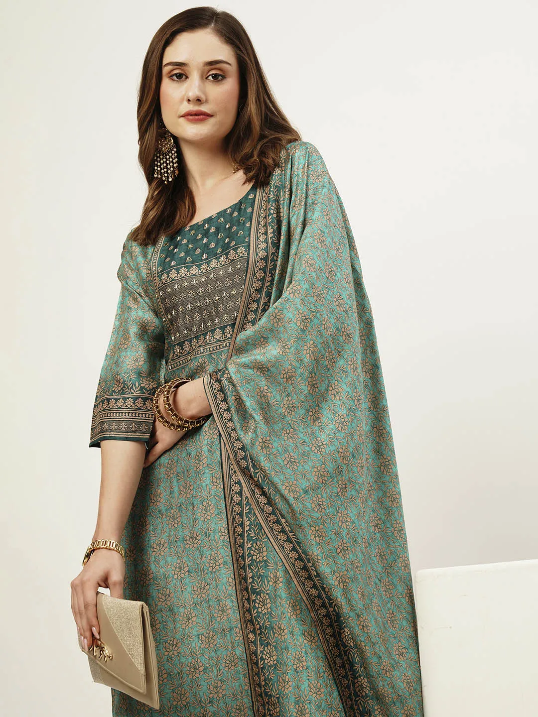 ZOLA Round Neck Silk All Over Floral Print Teal Straight Kurta Set With Dupatta For Women