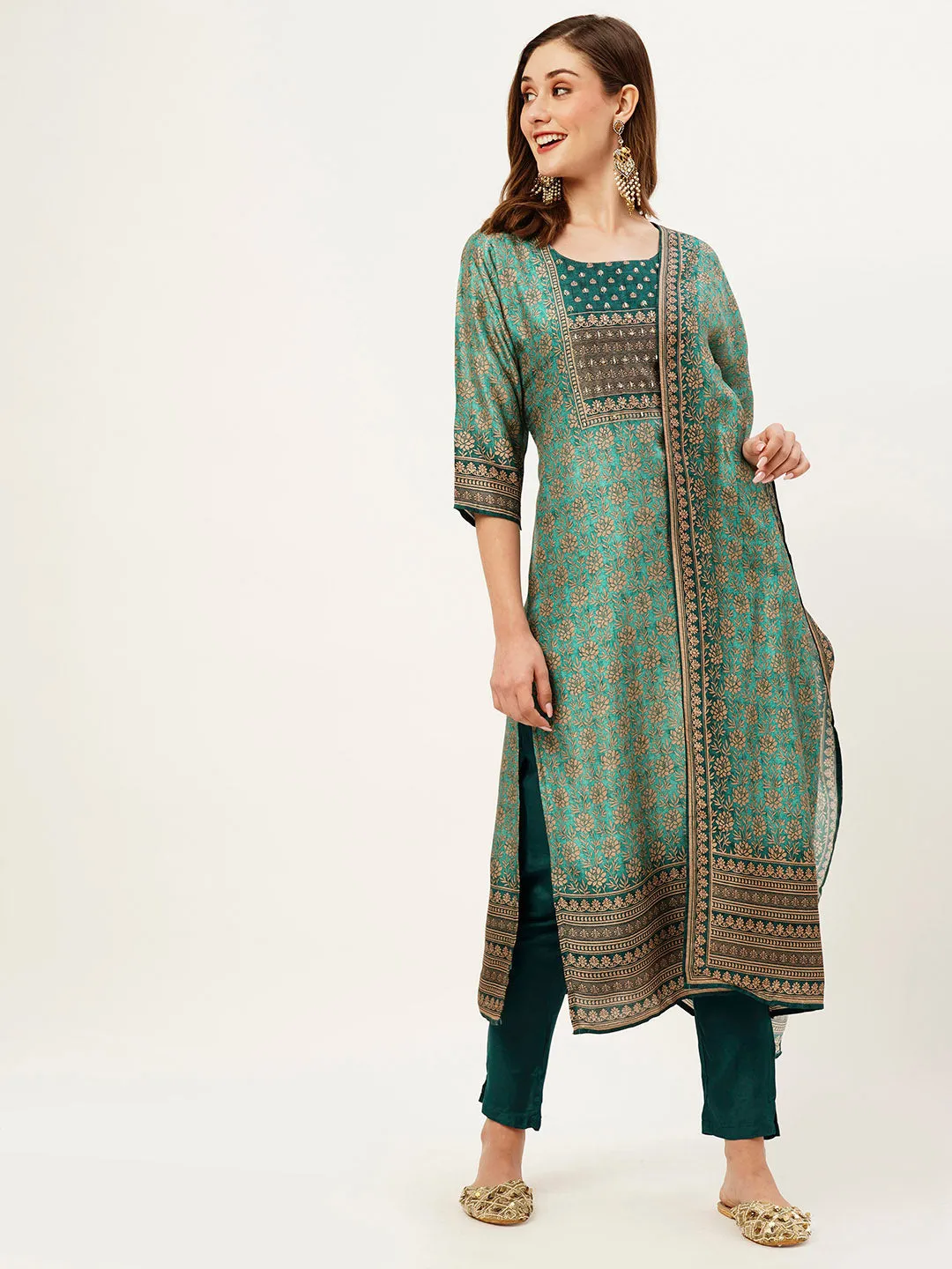 ZOLA Round Neck Silk All Over Floral Print Teal Straight Kurta Set With Dupatta For Women